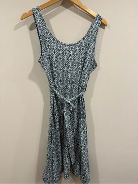 Sleeveless Blue Patterned Women's Dress with Waist Tie